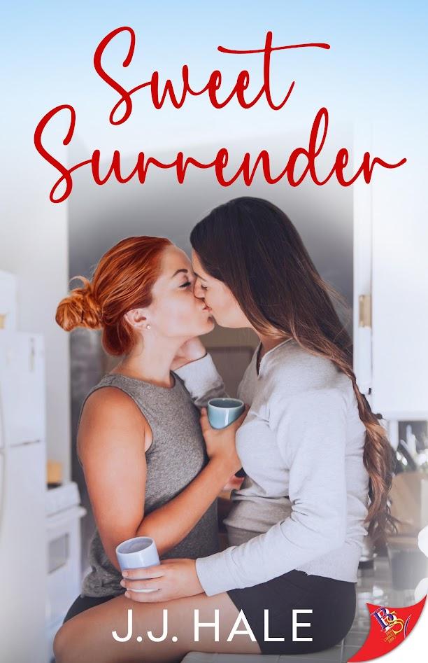 Two women, one brunette sitting on a kitchen counter and one red head standing between her legs as they kiss. The title Sweet Surrender is written in red text at the top and the author J.J. Hale is in white text at the bottom.